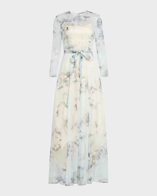 Floral-Print Chiffon Long-Sleeve Maxi Dress